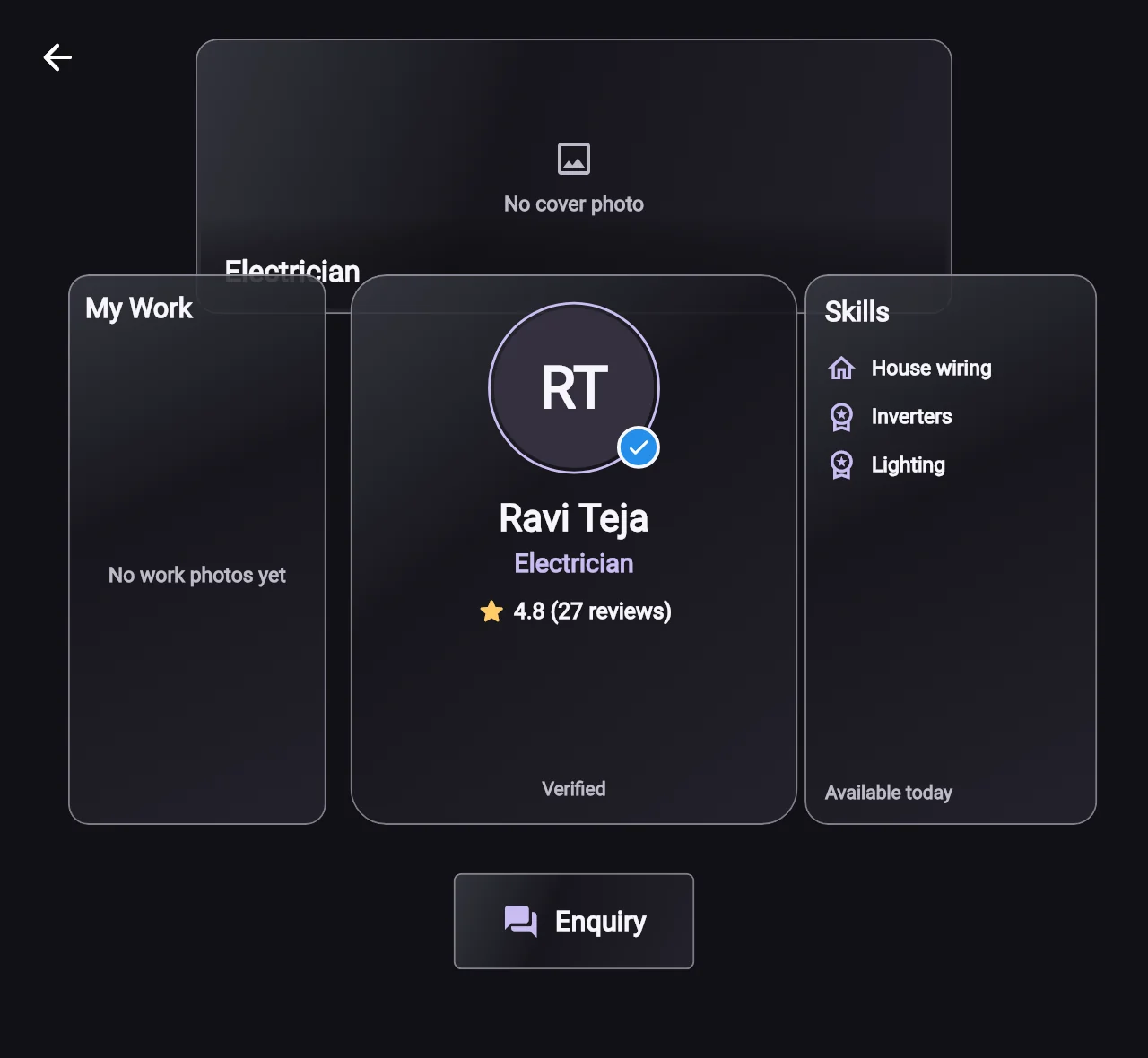 The AR view: profile panel in the middle, work photos on the left, skills on the right, and an Enquiry button