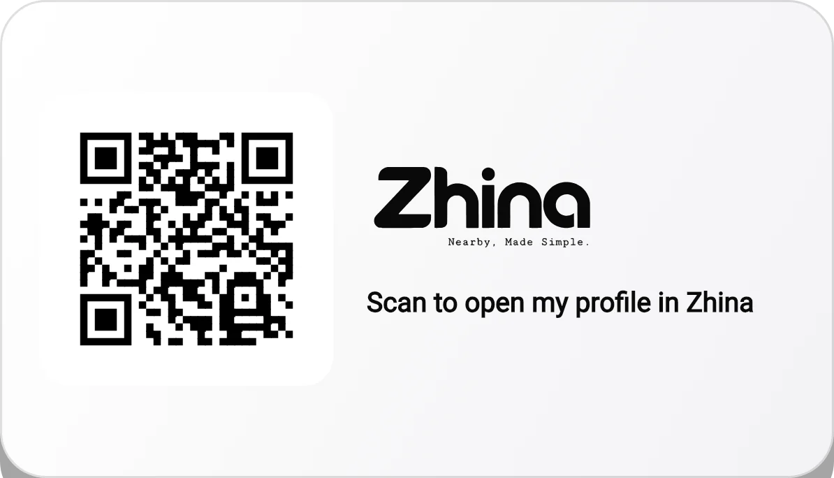 Back of the card: the QR code and 'Scan to open my profile in Zhina'