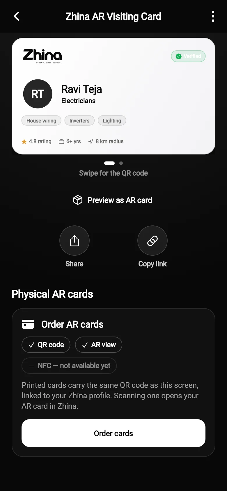 Your Zhina AR visiting card screen