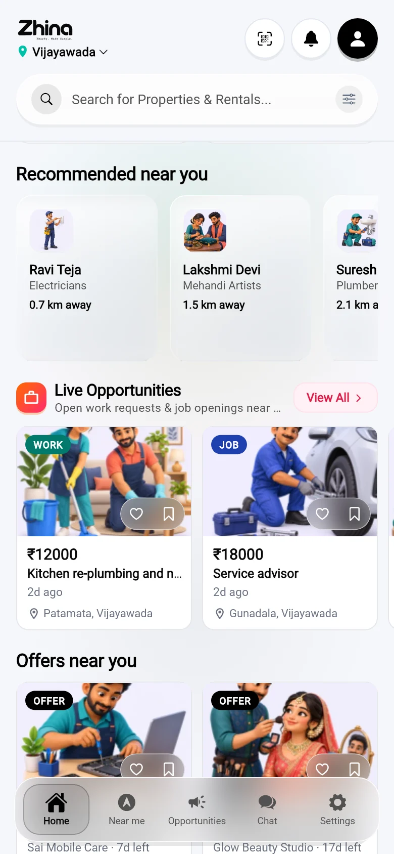 Home, further down: real estate and rentals, people recommended near you, live work and jobs