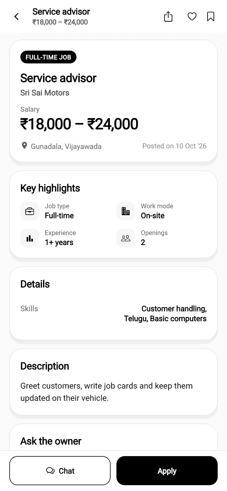 A job post with salary, key highlights and Apply