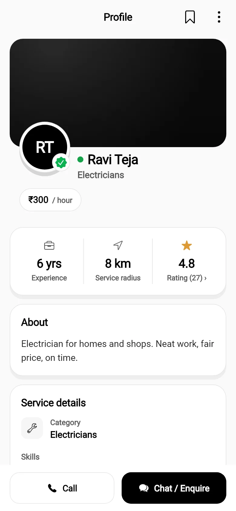 A provider's profile with experience, radius, rating and skills